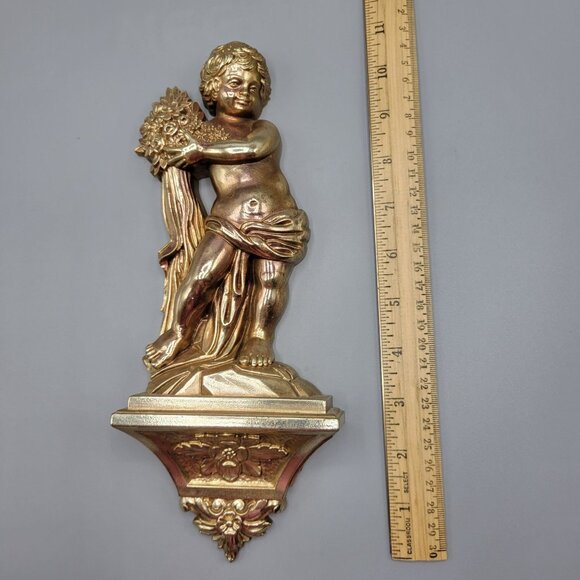 Vintage Syroco Gold Cherub Wall Shelf Sconce Flowers Design Made In USA 7140 - Picture 8 of 8